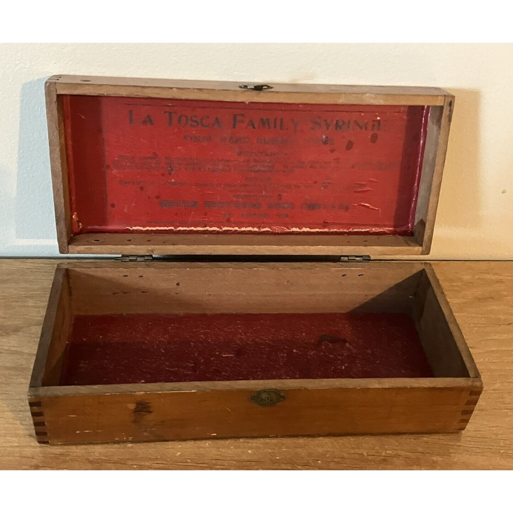 Vintage Meyer Brothers Drug Company LA TOSCA FAMILY SYRINGE Wooden Box-St. Louis